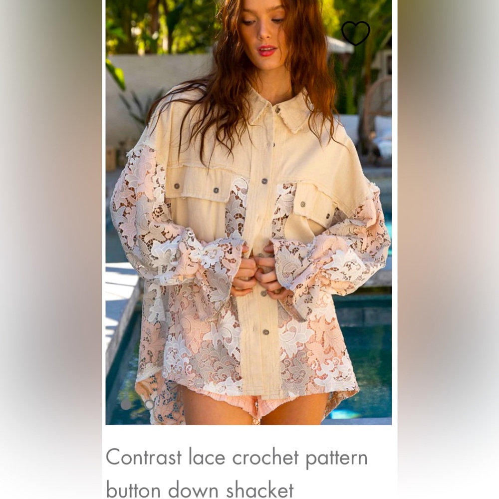 POL Cream and Pink Lace Crochet Shacket